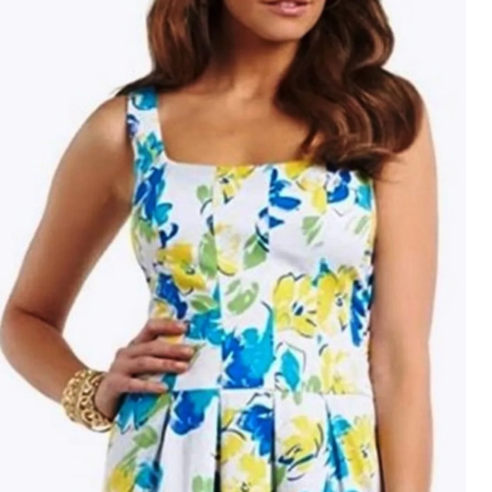 Chaps by Ralph Lauren Womens Designer Floral Watercolor Dress Blue Yellow White, - Picture 4 of 9